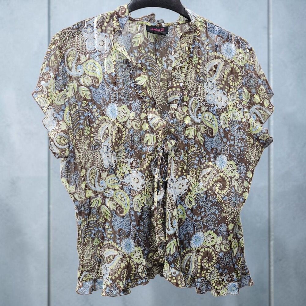 Clothing Co by Notations Paisley Blouse Womens XL Ruffle Neckline Crinkle Fabric